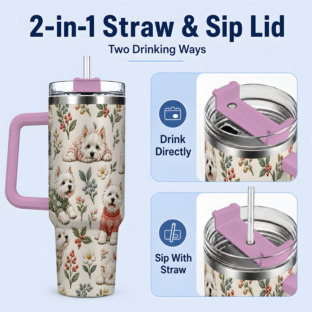 #pl[40oz|Pink] Floral White Terrier 40oz Tumbler, Botanical Dog Pattern Drinkware