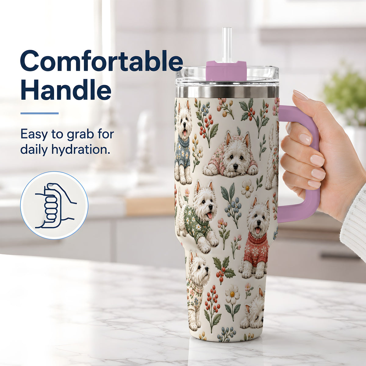 #pl[40oz|Pink] Floral White Terrier 40oz Tumbler, Botanical Dog Pattern Drinkware