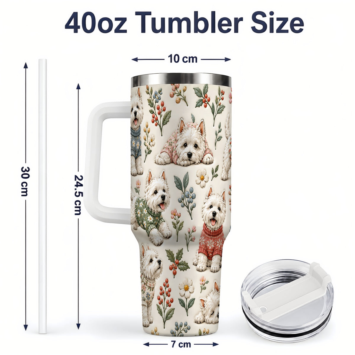 #pl[40oz|White] Floral White Terrier 40oz Tumbler, Botanical Dog Pattern Drinkware