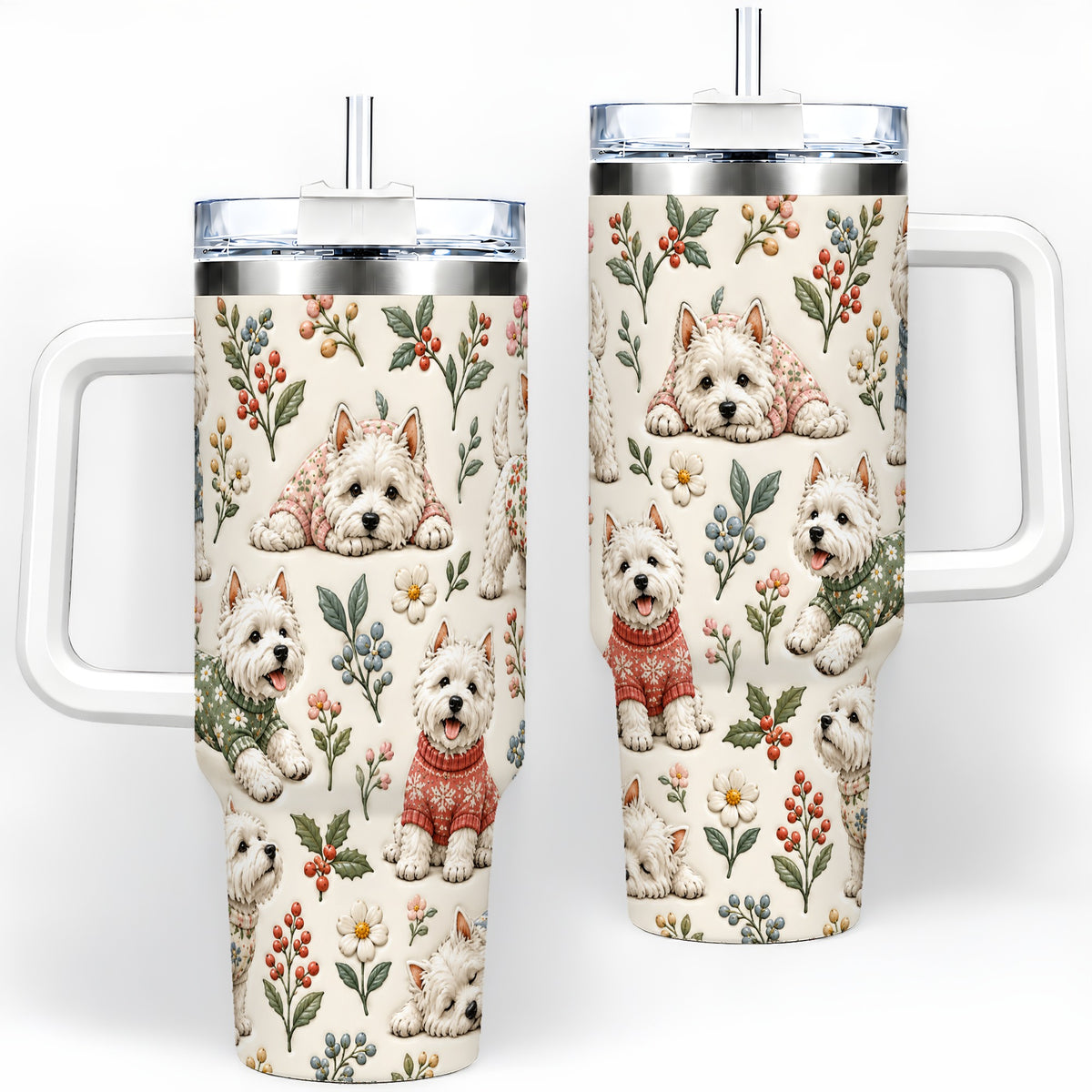 Floral White Terrier 40oz Tumbler, Botanical Dog Pattern Drinkware