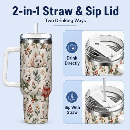 #pl[40oz|White] Floral White Terrier 40oz Tumbler, Botanical Dog Pattern Drinkware