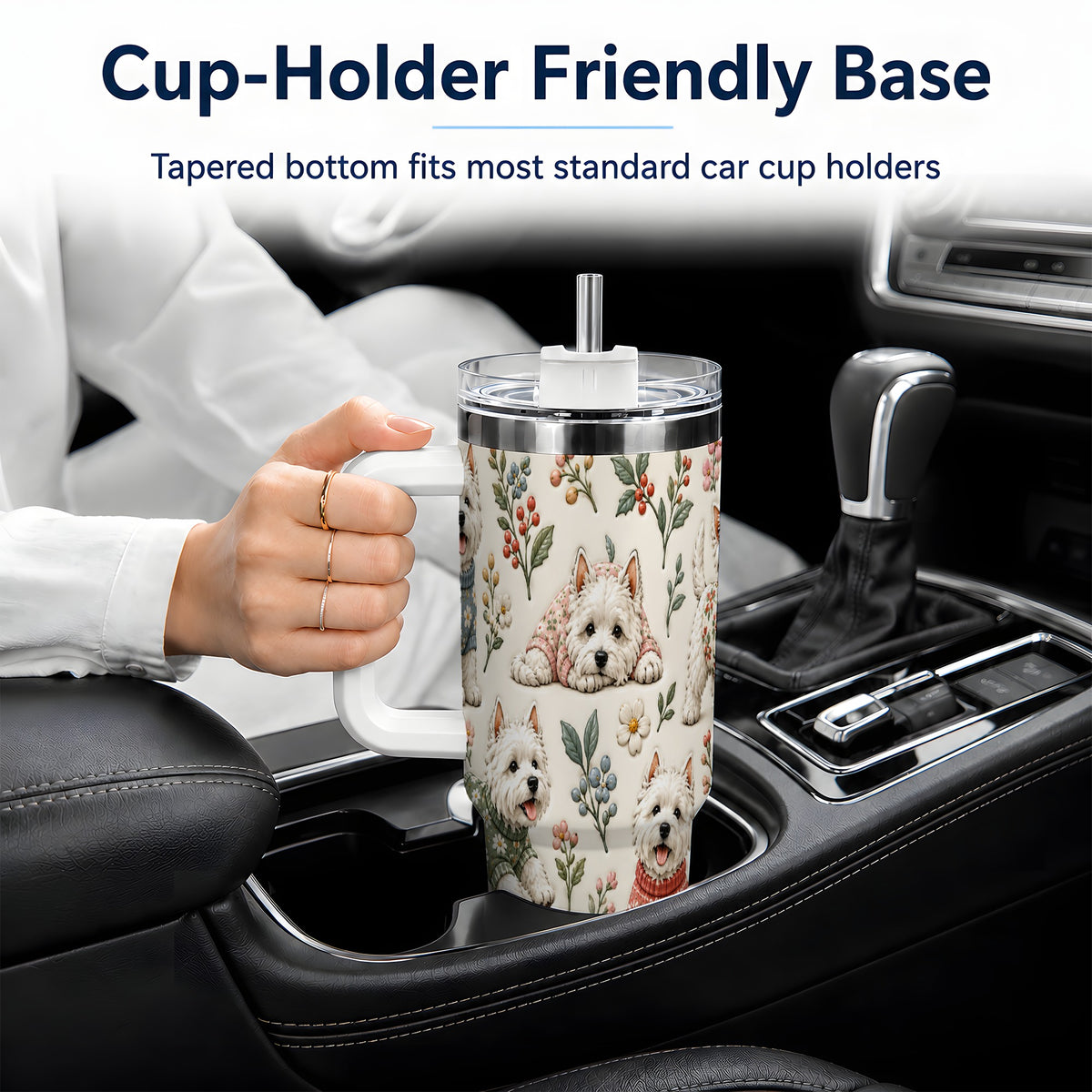 #pl[40oz|White] Floral White Terrier 40oz Tumbler, Botanical Dog Pattern Drinkware