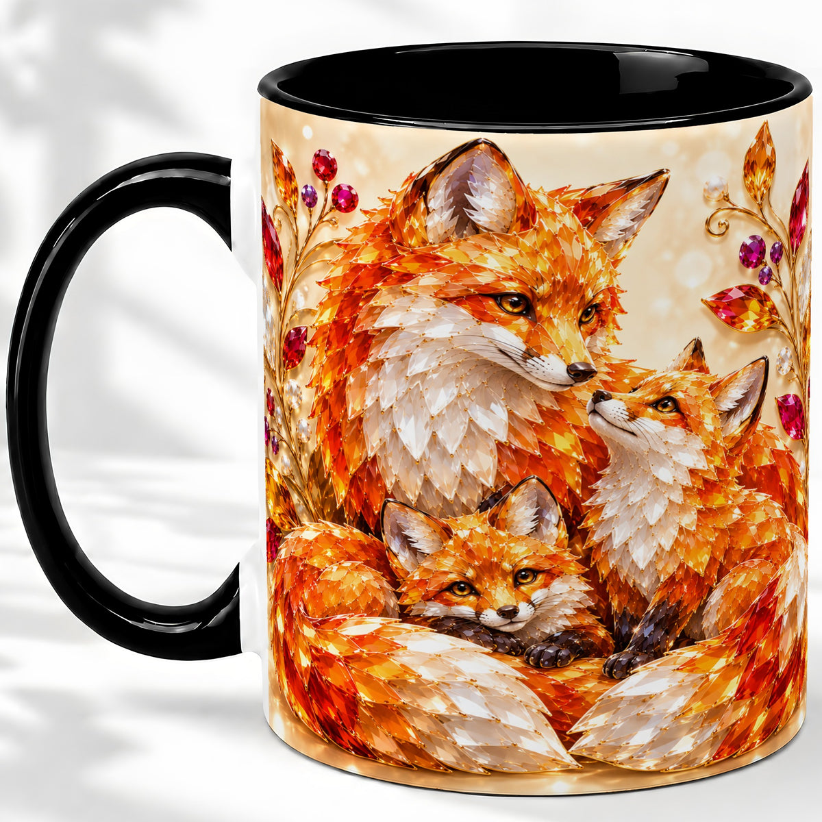 #pl[11oz|Black] Autumn Fox Accent Mug, Fox Family Jewel Leaf Woodland Design