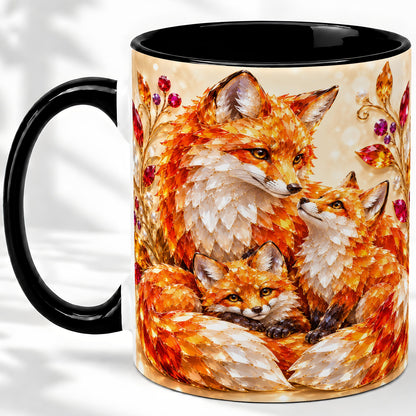 #pl[11oz|Black] Autumn Fox Accent Mug, Fox Family Jewel Leaf Woodland Design
