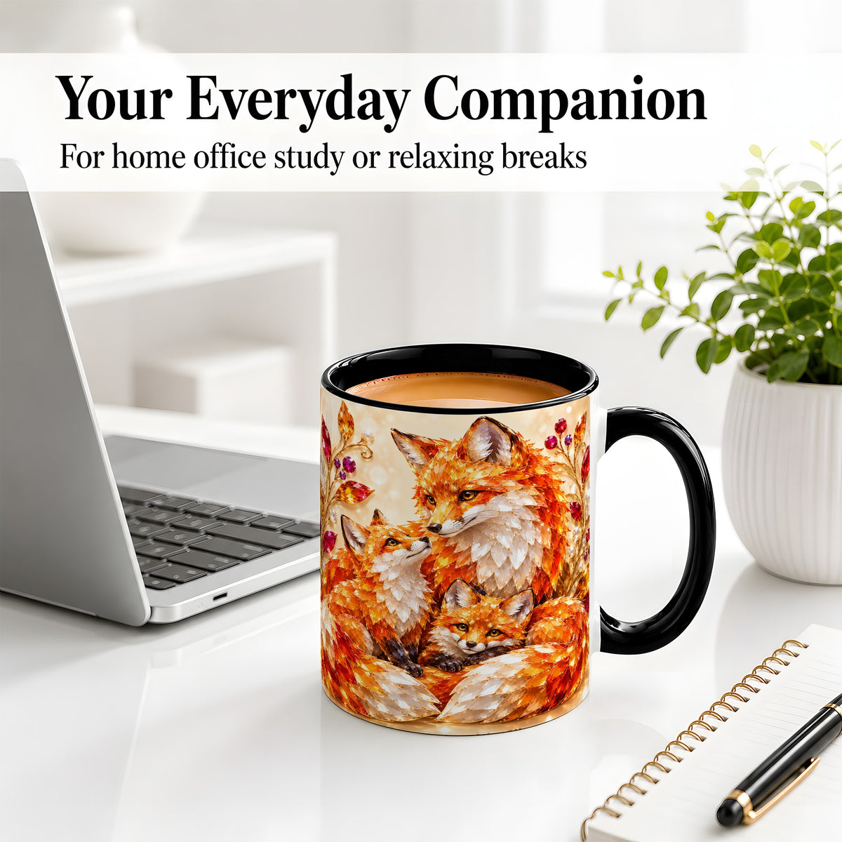 #pl[11oz|Black] Autumn Fox Accent Mug, Fox Family Jewel Leaf Woodland Design