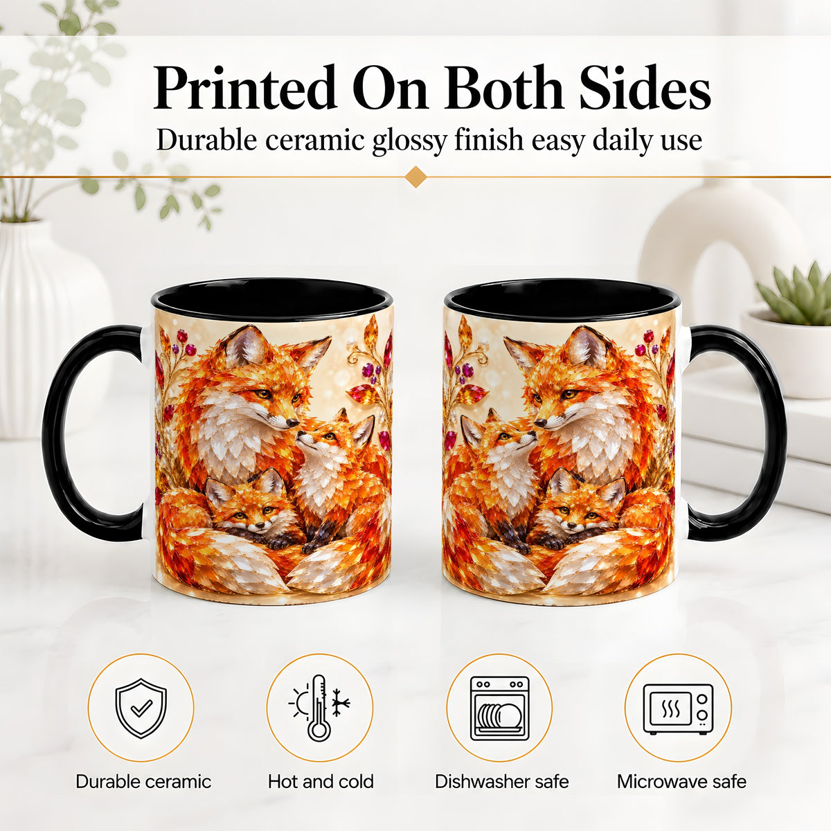 #pl[11oz|Black] Autumn Fox Accent Mug, Fox Family Jewel Leaf Woodland Design