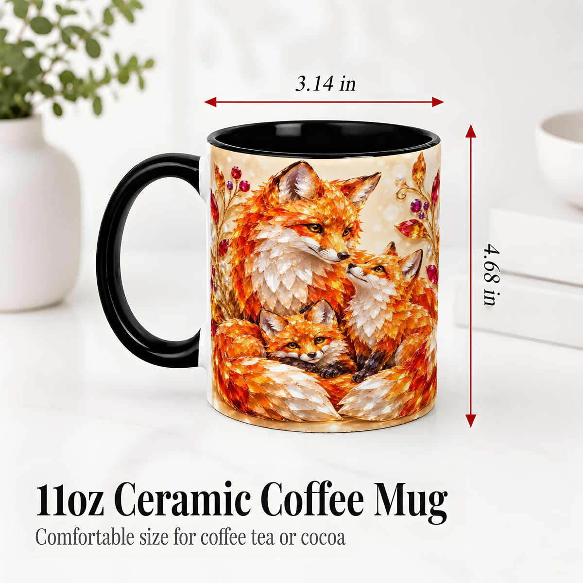 #pl[11oz|Black] Autumn Fox Accent Mug, Fox Family Jewel Leaf Woodland Design