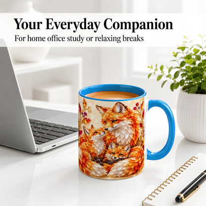 #pl[11oz|Blue] Autumn Fox Accent Mug, Fox Family Jewel Leaf Woodland Design