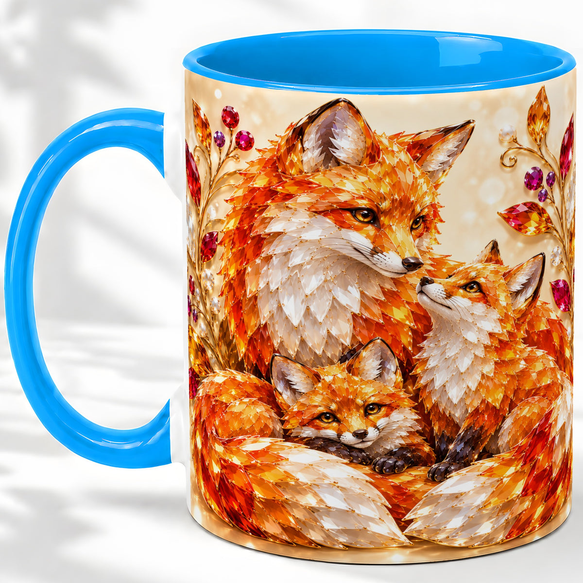 #pl[11oz|Blue] Autumn Fox Accent Mug, Fox Family Jewel Leaf Woodland Design