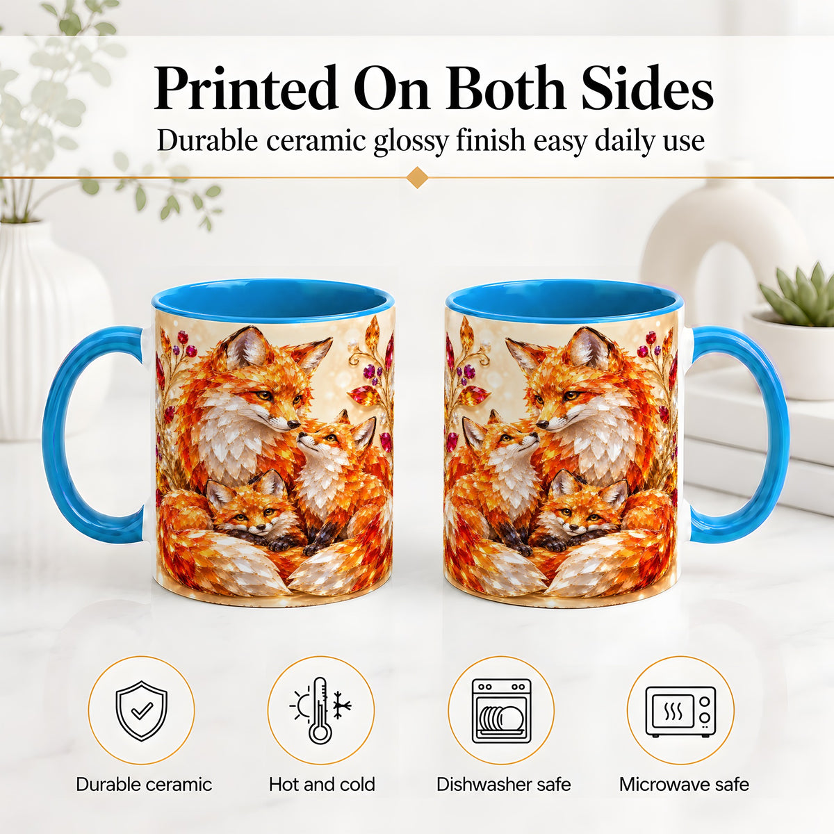 #pl[11oz|Blue] Autumn Fox Accent Mug, Fox Family Jewel Leaf Woodland Design