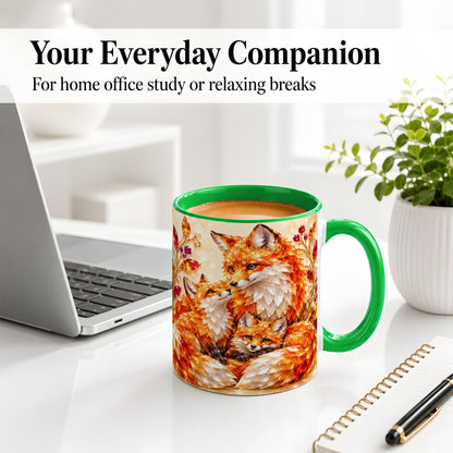 #pl[11oz|Green] Autumn Fox Accent Mug, Fox Family Jewel Leaf Woodland Design