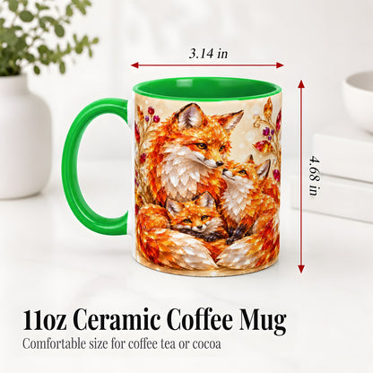 #pl[11oz|Green] Autumn Fox Accent Mug, Fox Family Jewel Leaf Woodland Design