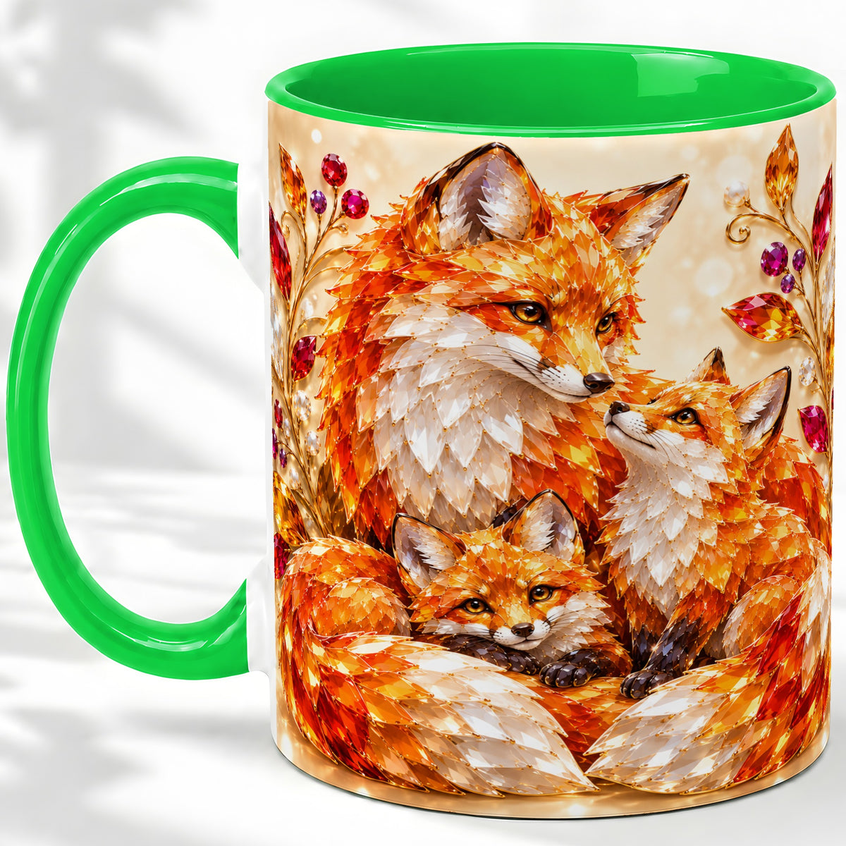 #pl[11oz|Green] Autumn Fox Accent Mug, Fox Family Jewel Leaf Woodland Design