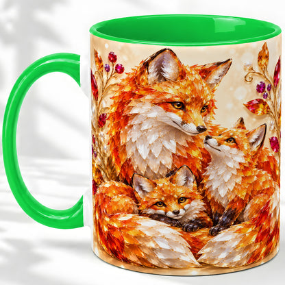 #pl[11oz|Green] Autumn Fox Accent Mug, Fox Family Jewel Leaf Woodland Design