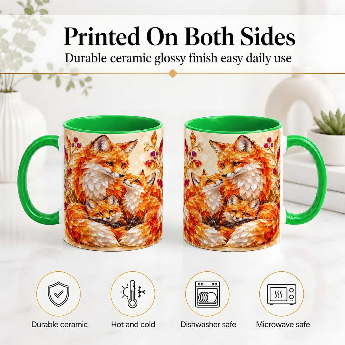 #pl[11oz|Green] Autumn Fox Accent Mug, Fox Family Jewel Leaf Woodland Design