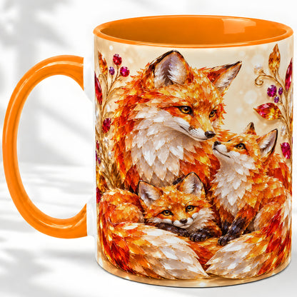 #pl[11oz|Orange] Autumn Fox Accent Mug, Fox Family Jewel Leaf Woodland Design