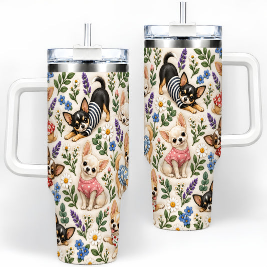 Floral Chihuahua 40oz Tumbler, Botanical Dog Pattern for Daily Drinks