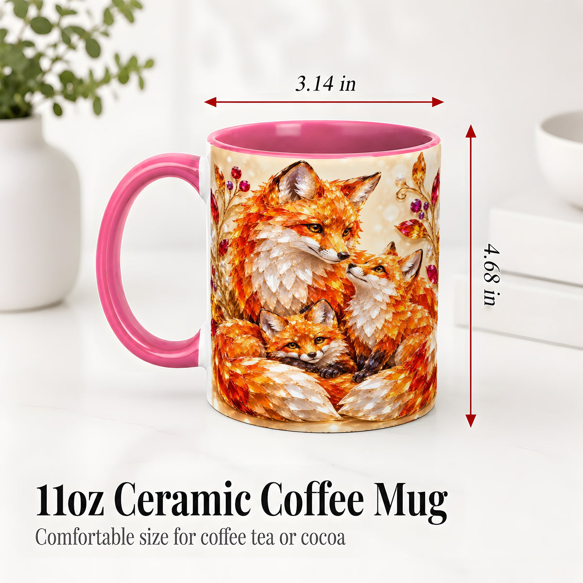 #pl[11oz|Pink] Autumn Fox Accent Mug, Fox Family Jewel Leaf Woodland Design