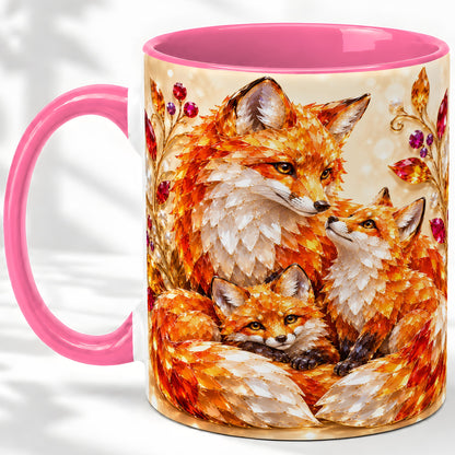 #pl[11oz|Pink] Autumn Fox Accent Mug, Fox Family Jewel Leaf Woodland Design