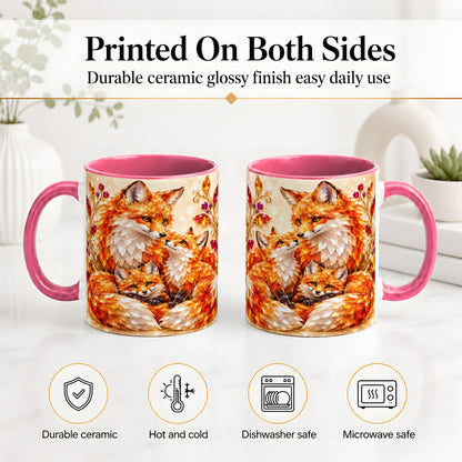 #pl[11oz|Pink] Autumn Fox Accent Mug, Fox Family Jewel Leaf Woodland Design