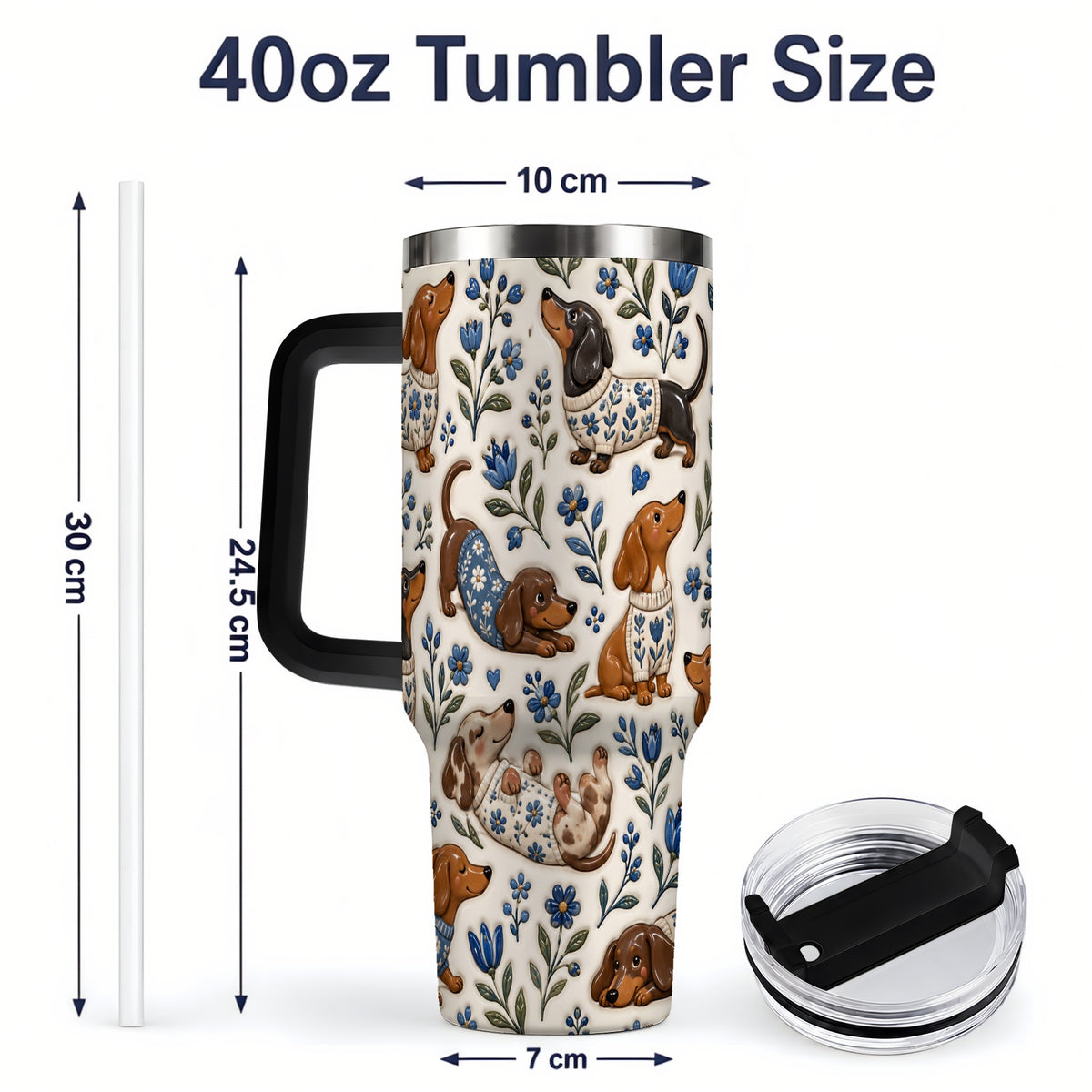 #pl[40oz|Black] Blue Floral Dachshund 40oz Tumbler, Botanical Dog Pattern Drinkware