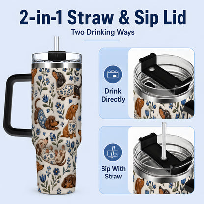 #pl[40oz|Black] Blue Floral Dachshund 40oz Tumbler, Botanical Dog Pattern Drinkware