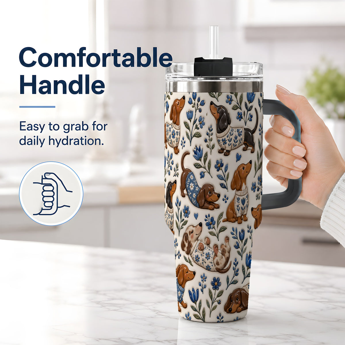#pl[40oz|Black] Blue Floral Dachshund 40oz Tumbler, Botanical Dog Pattern Drinkware