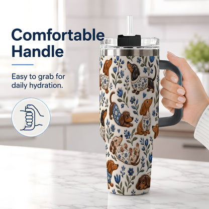 #pl[40oz|Black] Blue Floral Dachshund 40oz Tumbler, Botanical Dog Pattern Drinkware