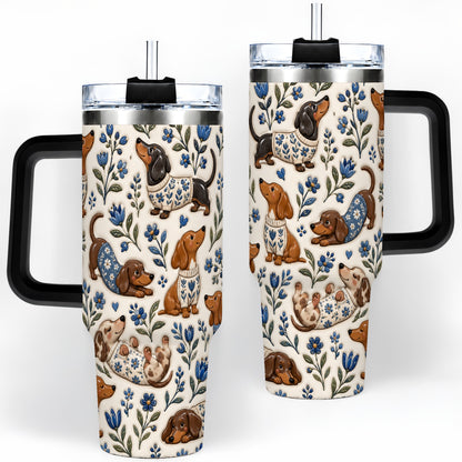 #pl[40oz|Black] Blue Floral Dachshund 40oz Tumbler, Botanical Dog Pattern Drinkware