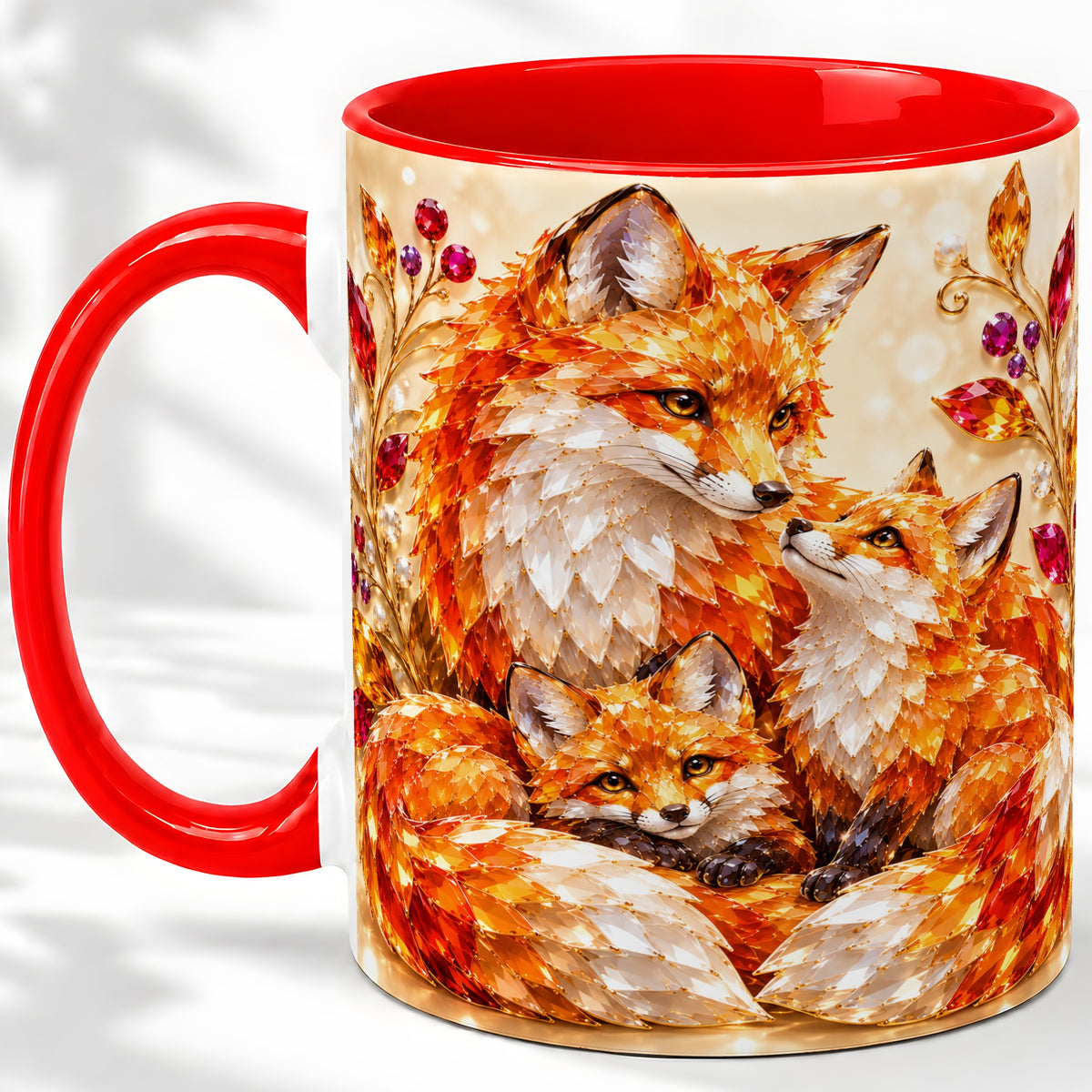 Autumn Fox Accent Mug, Fox Family Jewel Leaf Woodland Design