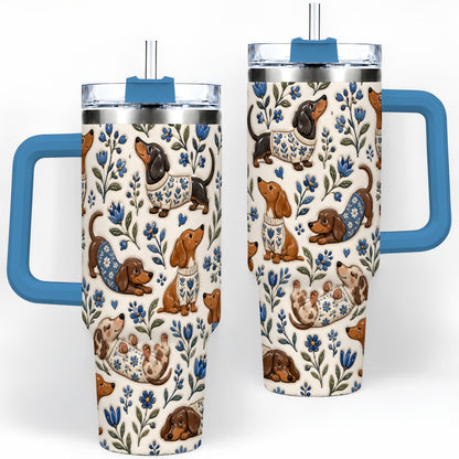 #pl[40oz|Blue] Blue Floral Dachshund 40oz Tumbler, Botanical Dog Pattern Drinkware