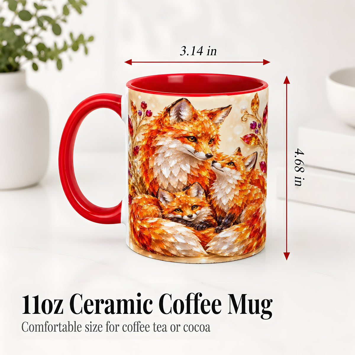 #pl[11oz|Red] Autumn Fox Accent Mug, Fox Family Jewel Leaf Woodland Design