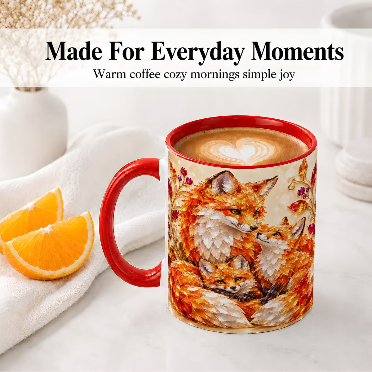 #pl[11oz|Red] Autumn Fox Accent Mug, Fox Family Jewel Leaf Woodland Design