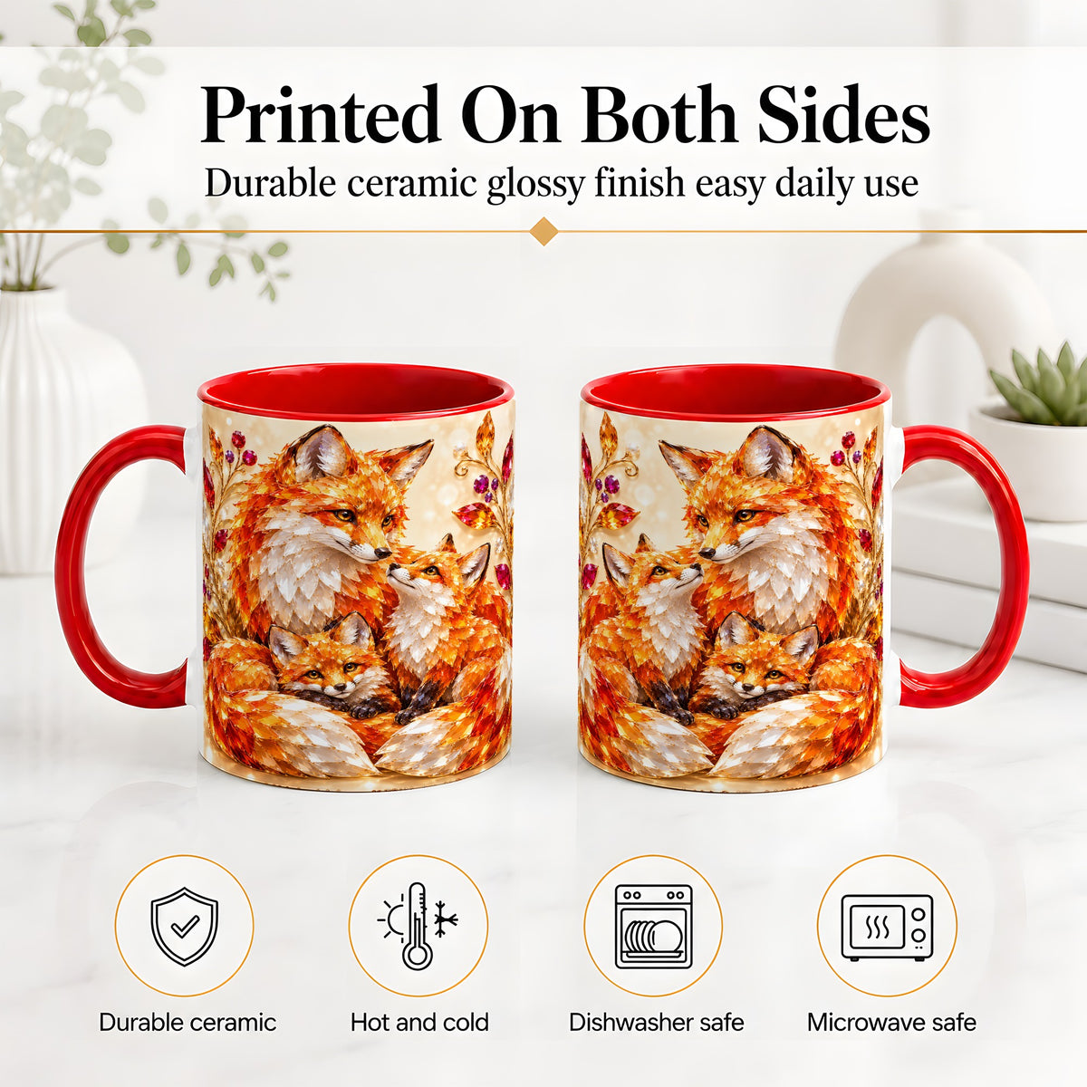 #pl[11oz|Red] Autumn Fox Accent Mug, Fox Family Jewel Leaf Woodland Design