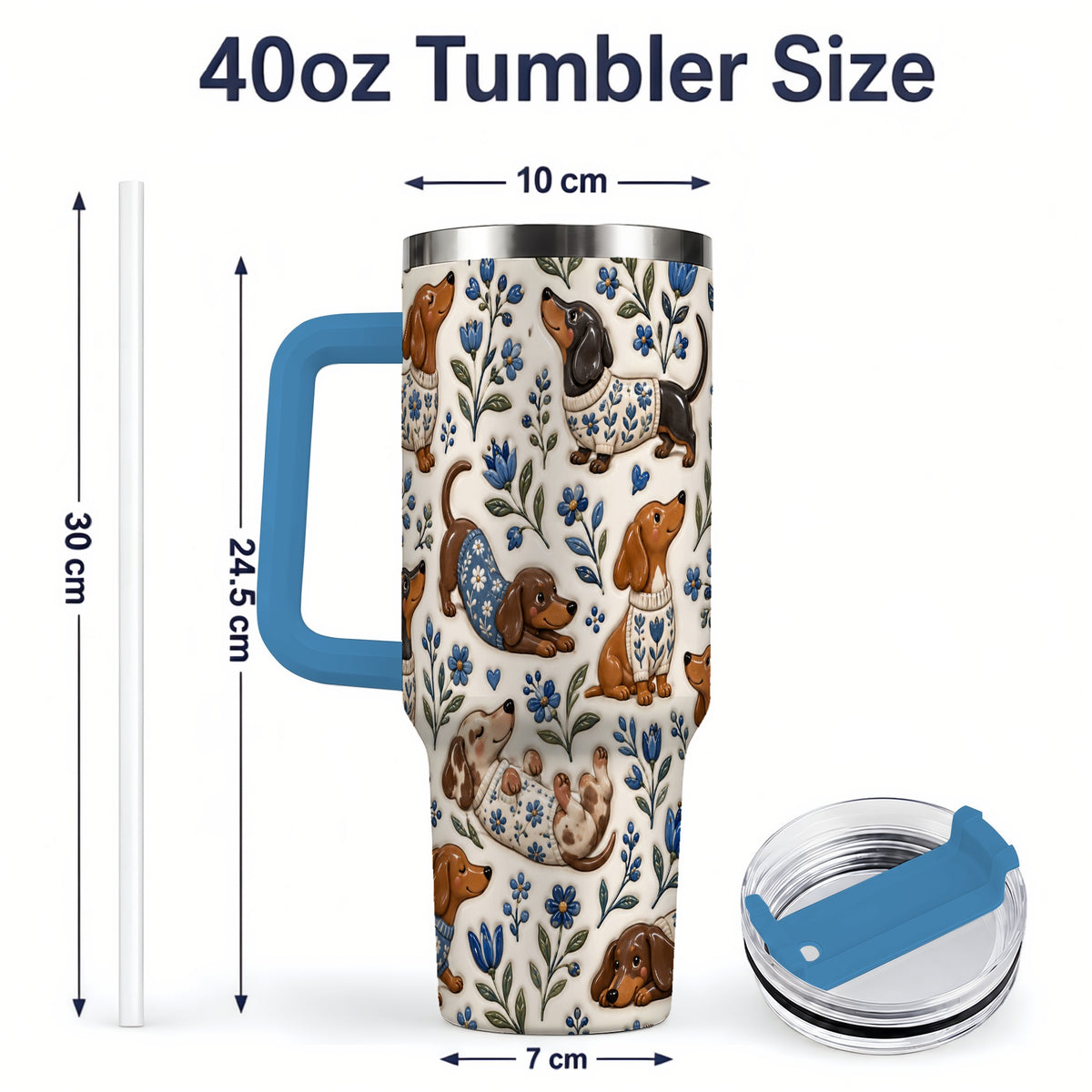 #pl[40oz|Blue] Blue Floral Dachshund 40oz Tumbler, Botanical Dog Pattern Drinkware