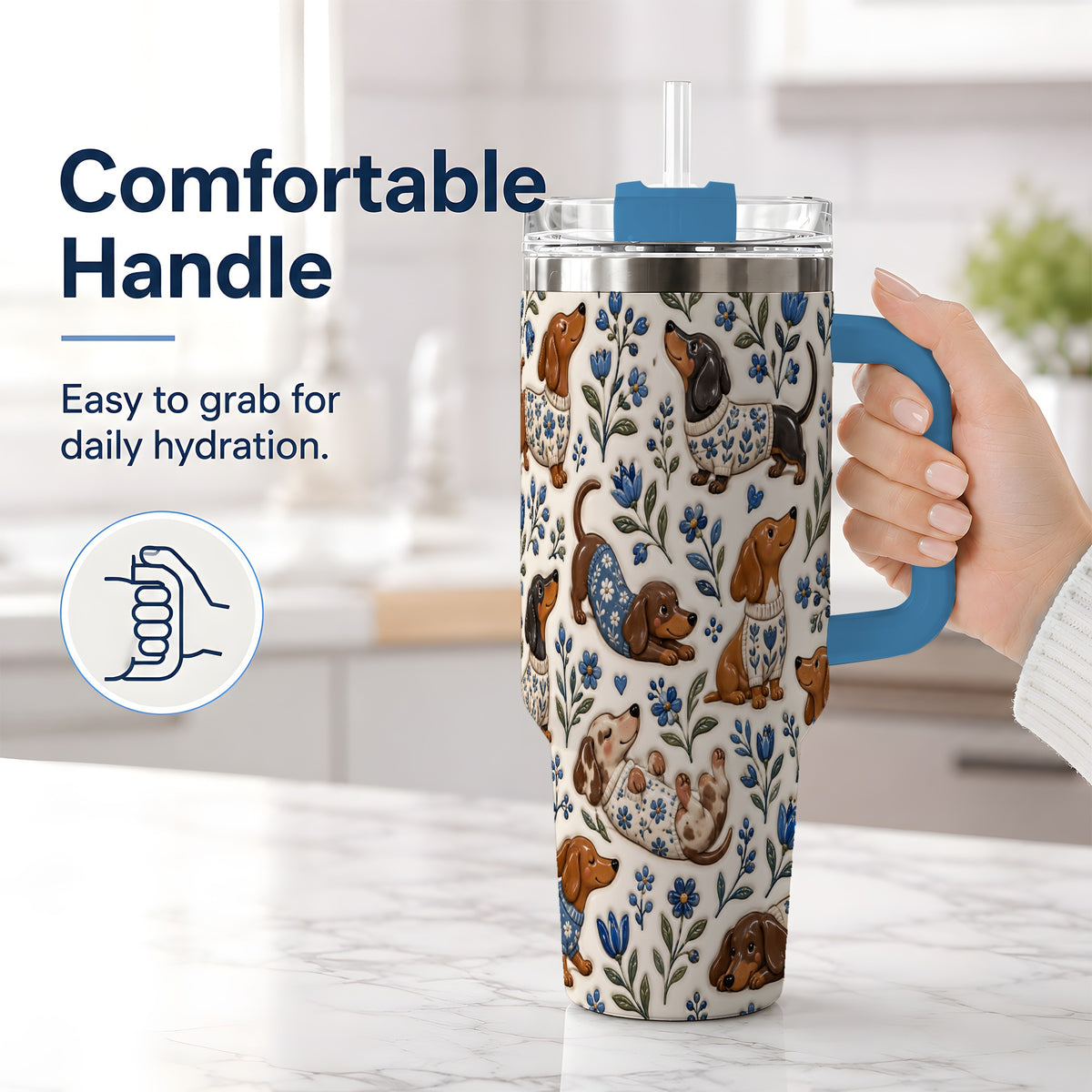 #pl[40oz|Blue] Blue Floral Dachshund 40oz Tumbler, Botanical Dog Pattern Drinkware