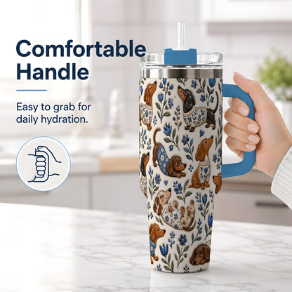 #pl[40oz|Blue] Blue Floral Dachshund 40oz Tumbler, Botanical Dog Pattern Drinkware