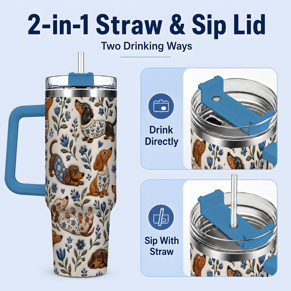 #pl[40oz|Blue] Blue Floral Dachshund 40oz Tumbler, Botanical Dog Pattern Drinkware