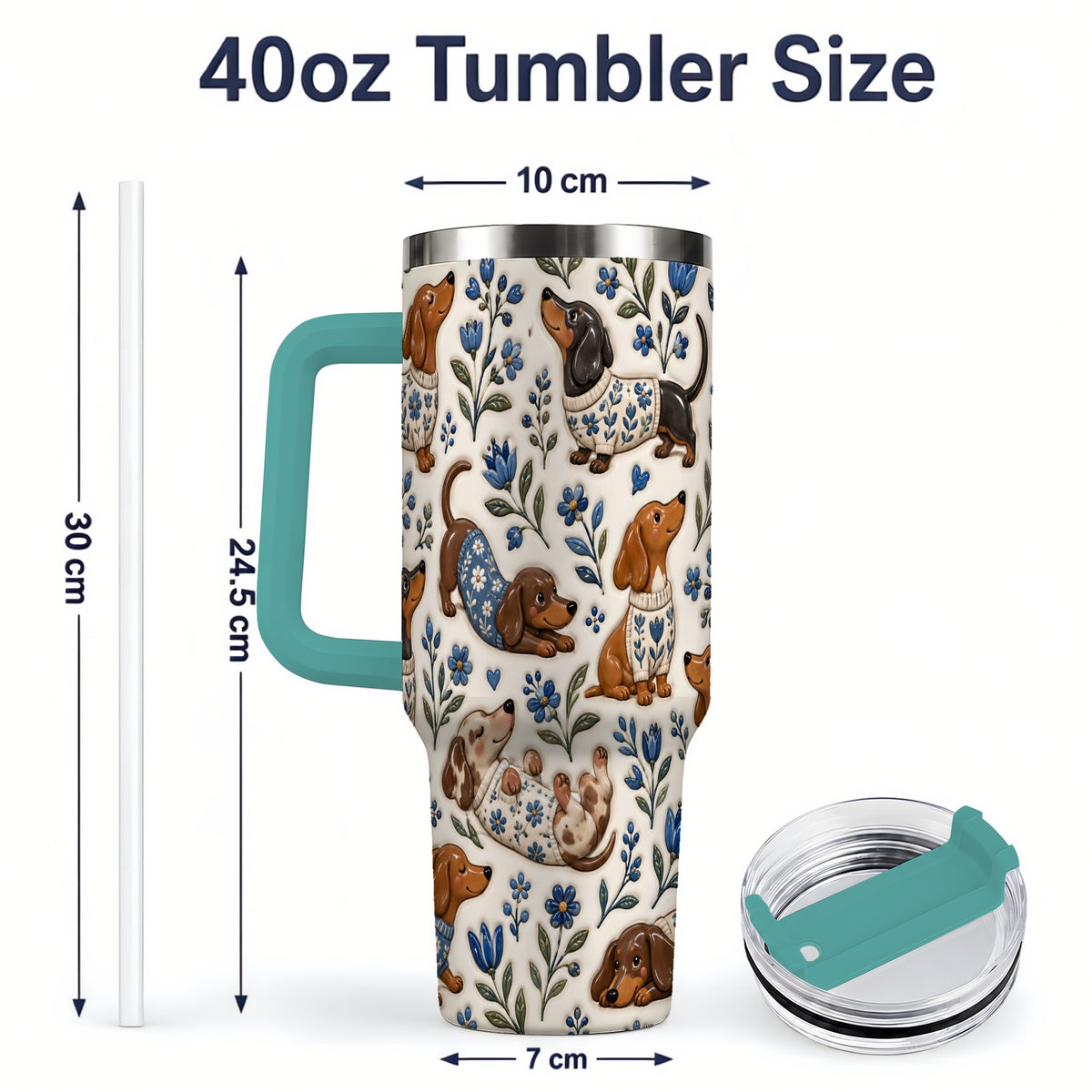 #pl[40oz|Green] Blue Floral Dachshund 40oz Tumbler, Botanical Dog Pattern Drinkware