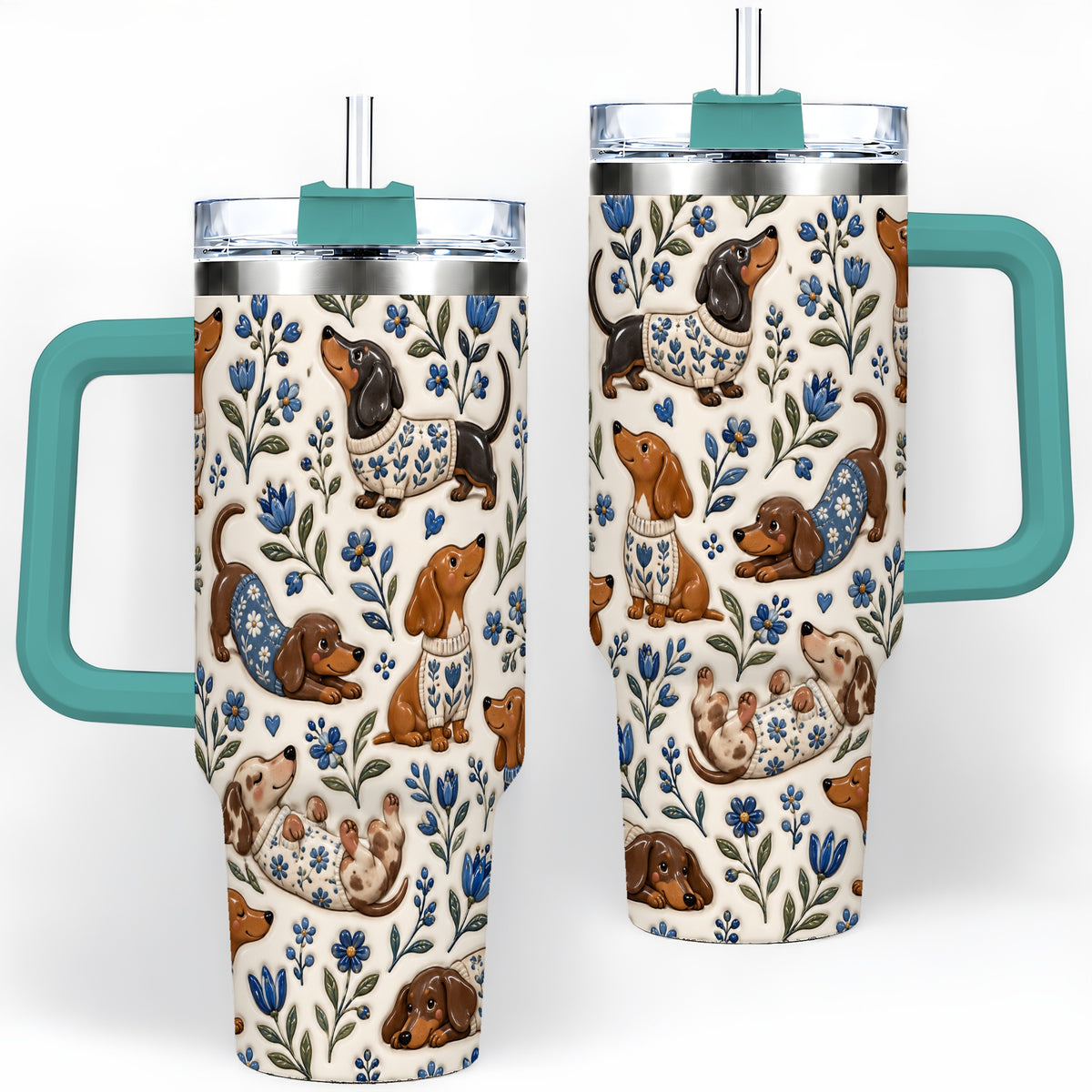 #pl[40oz|Green] Blue Floral Dachshund 40oz Tumbler, Botanical Dog Pattern Drinkware
