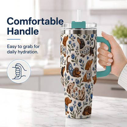 #pl[40oz|Green] Blue Floral Dachshund 40oz Tumbler, Botanical Dog Pattern Drinkware