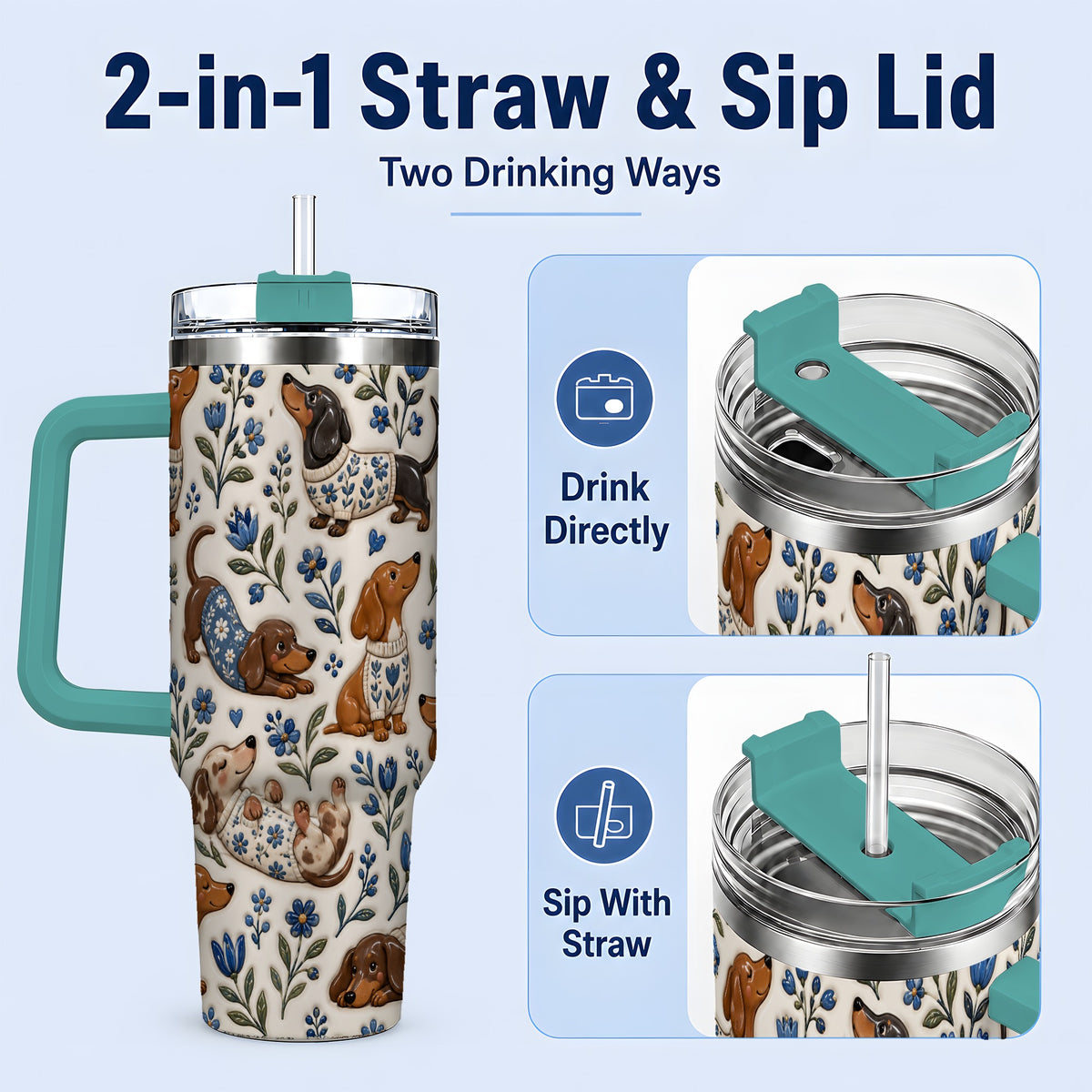 #pl[40oz|Green] Blue Floral Dachshund 40oz Tumbler, Botanical Dog Pattern Drinkware