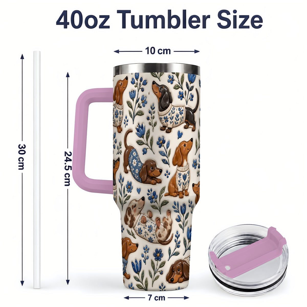 #pl[40oz|Pink] Blue Floral Dachshund 40oz Tumbler, Botanical Dog Pattern Drinkware