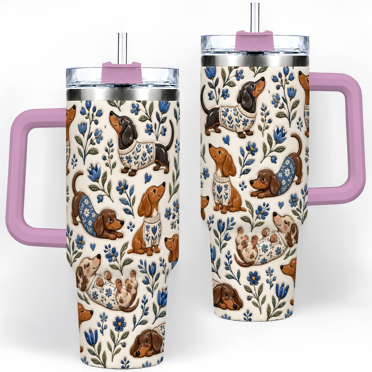 #pl[40oz|Pink] Blue Floral Dachshund 40oz Tumbler, Botanical Dog Pattern Drinkware