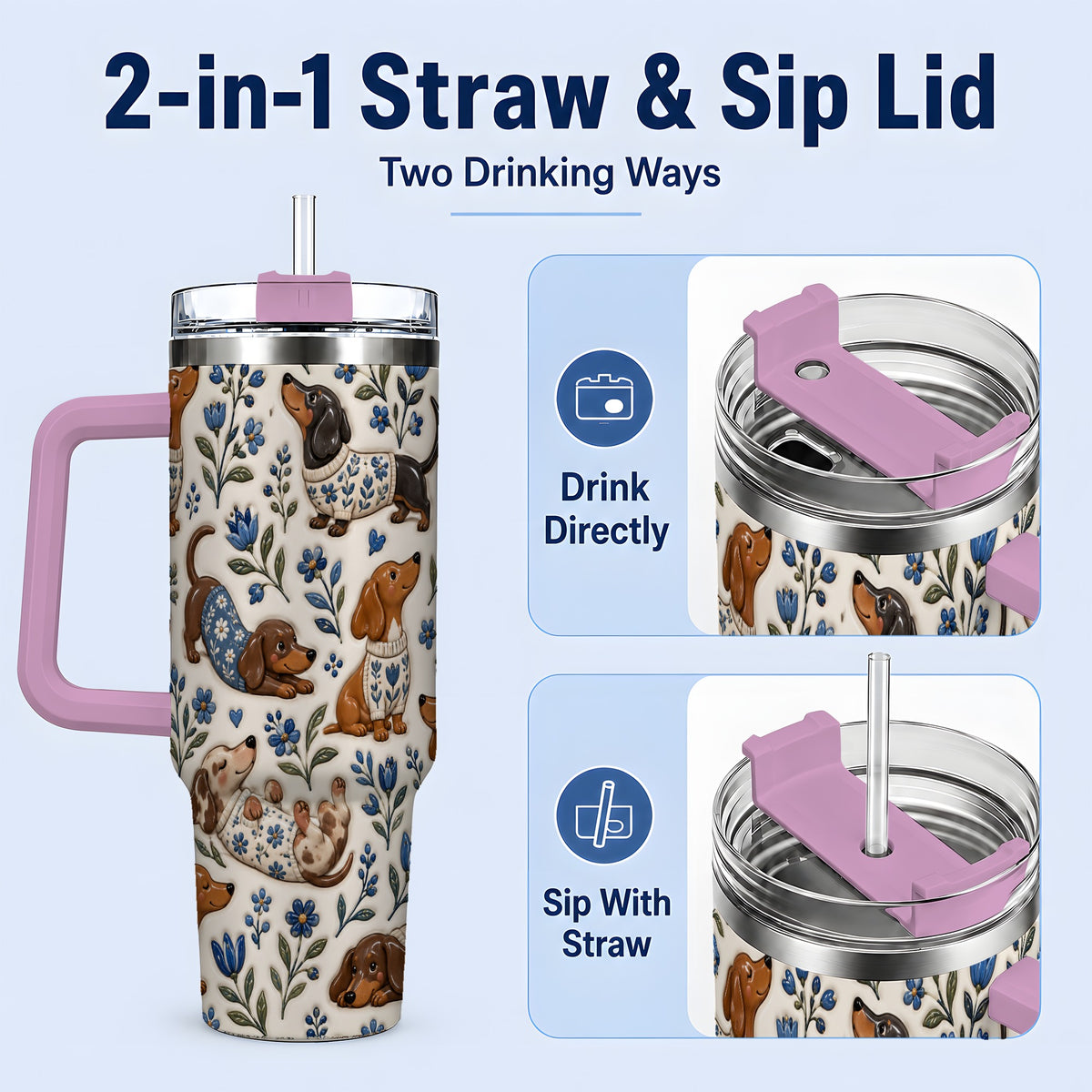 #pl[40oz|Pink] Blue Floral Dachshund 40oz Tumbler, Botanical Dog Pattern Drinkware