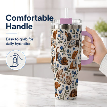 #pl[40oz|Pink] Blue Floral Dachshund 40oz Tumbler, Botanical Dog Pattern Drinkware