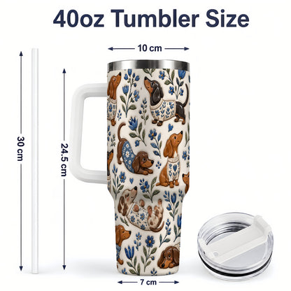 #pl[40oz|White] Blue Floral Dachshund 40oz Tumbler, Botanical Dog Pattern Drinkware