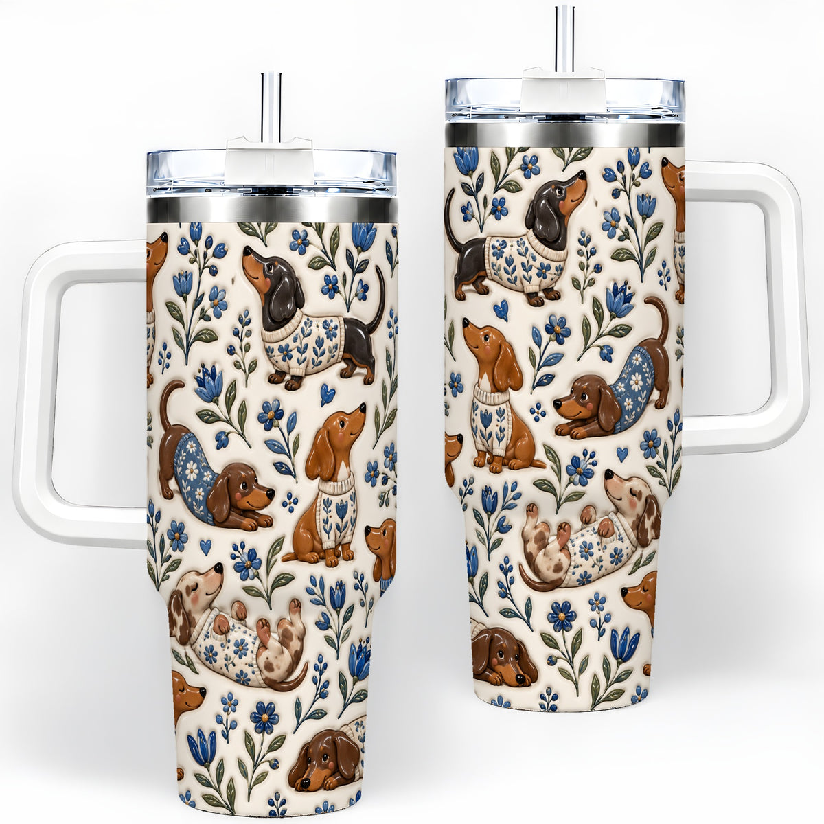 Blue Floral Dachshund 40oz Tumbler, Botanical Dog Pattern Drinkware