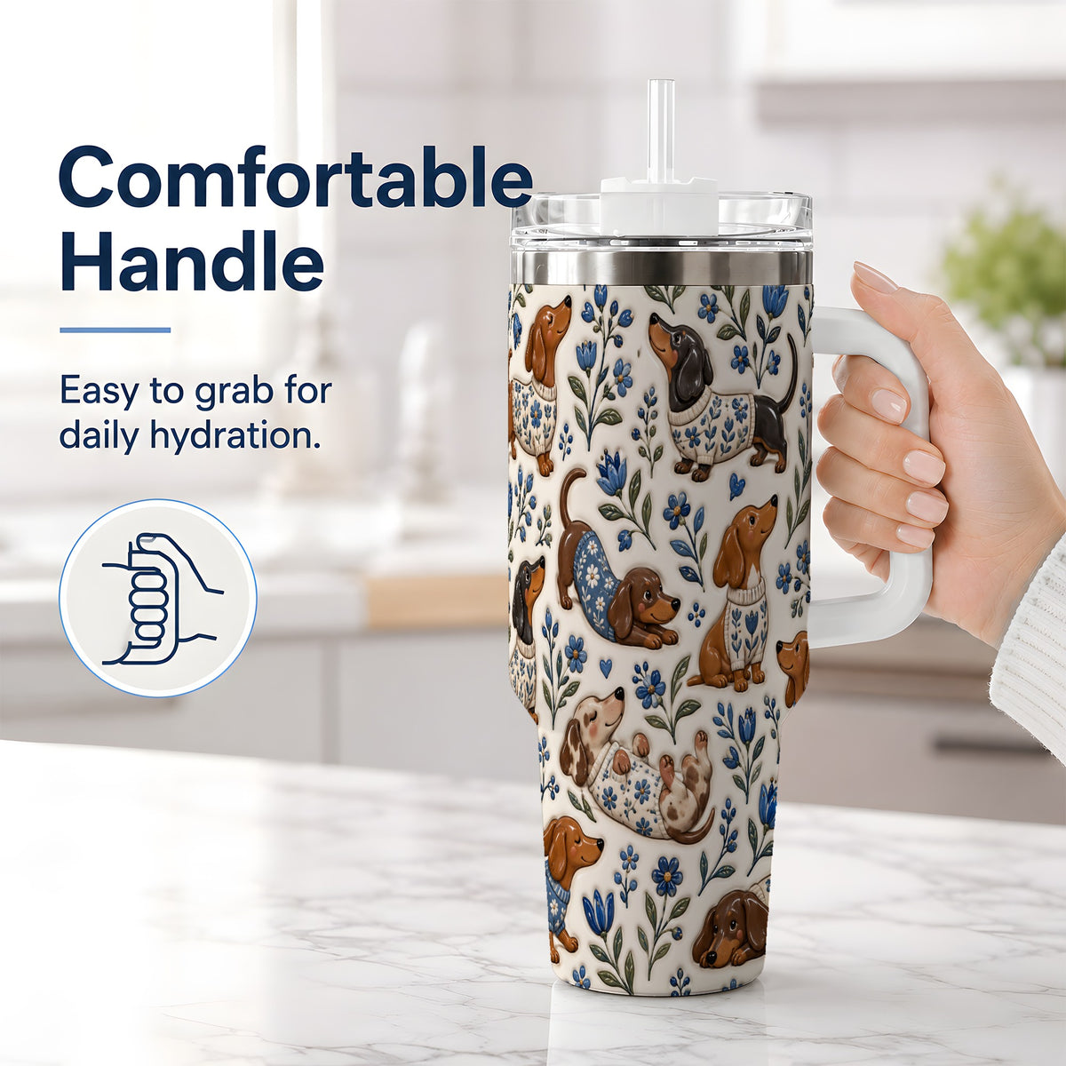 #pl[40oz|White] Blue Floral Dachshund 40oz Tumbler, Botanical Dog Pattern Drinkware