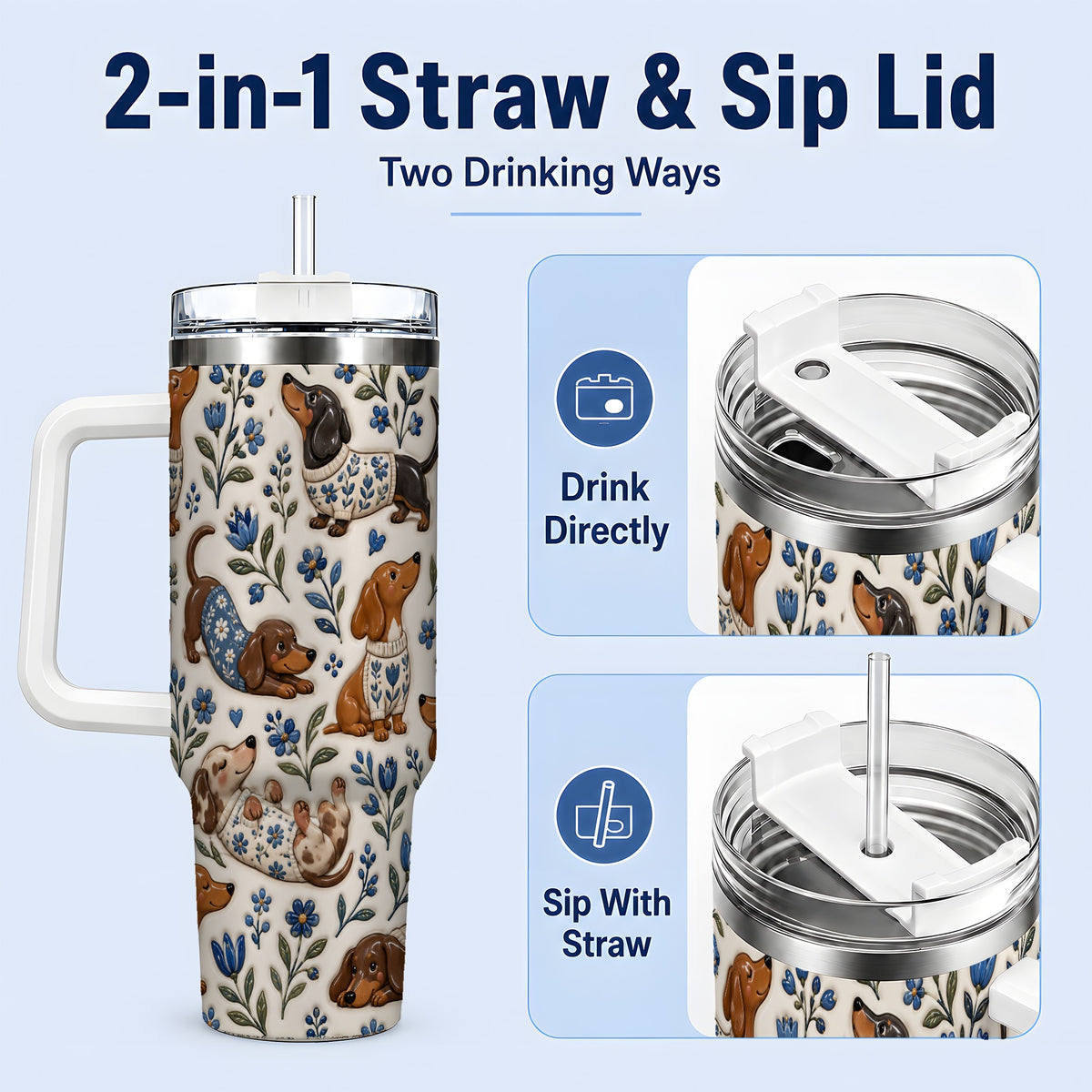 #pl[40oz|White] Blue Floral Dachshund 40oz Tumbler, Botanical Dog Pattern Drinkware
